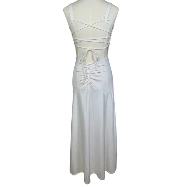 NWOT Halara White Ruched Lace Up Open Back Bodycon Pencil Maxi Dress Size M - Image 5