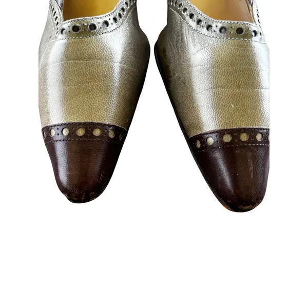 Manolo Blahnik Pumps 36 Brown Olive Leather Wingtip Brogue Kitten Heel Vintage - Image 5