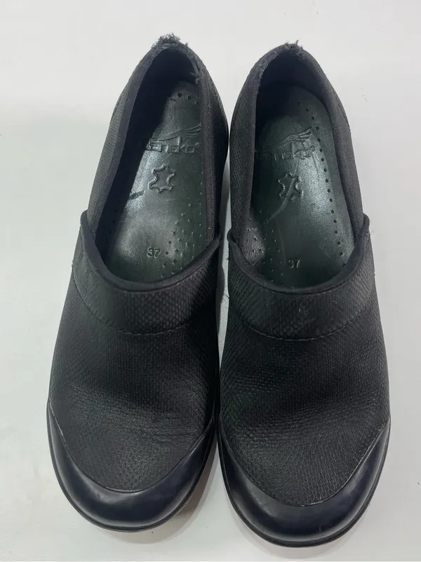 Dansko Women’s 37 6.5 Animal Print Black Leather Slip On Clogs Shoes Slip Resist - Image 2