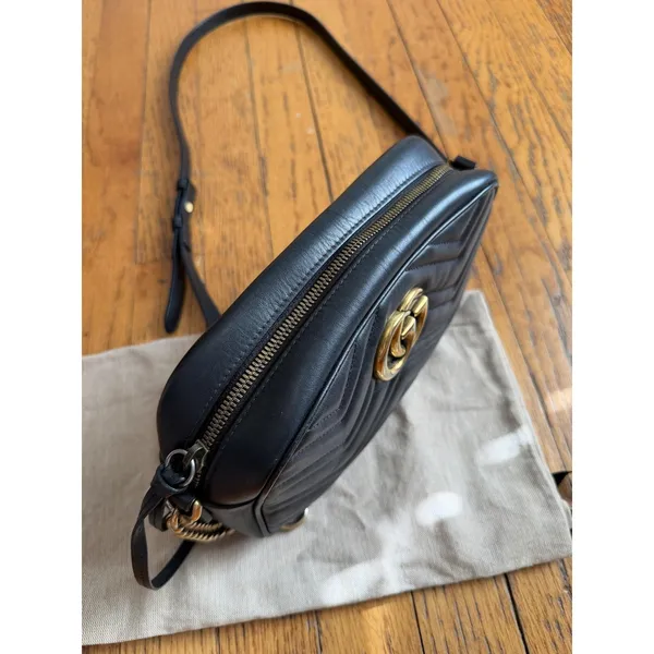Gucci Crossbody Bag Womens Small Black Leather GG Marmont Camera Made In Italy - Image 6