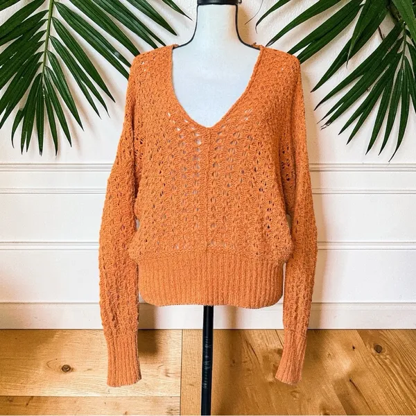 Free People Orange Open Knit Slouchy V-Neck Sweater Boho Oversized (READ) - Image 2