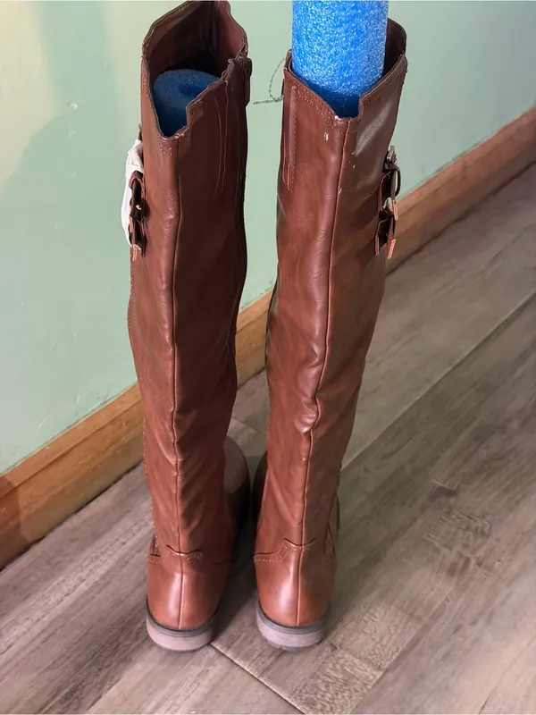 Faux Leather Over-the-Knee Riding Boots Brown with Buckles. - Image 4