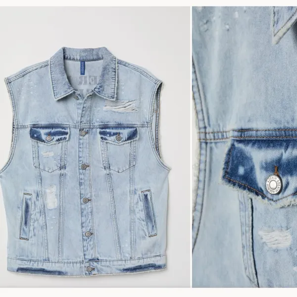 NWT H&M Denim Vest with Printed Design Distressed Denim Vest M - Image 2