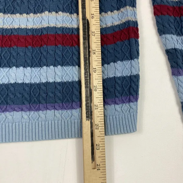 Valerie Stevens Sweater Womens Medium Blue Striped Cable Knit V Neck‎ Cotton - Image 6