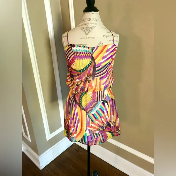 Groovy Multicolored Spaghetti Strap Short Dress with Cinched Waist Sz S - Image 4