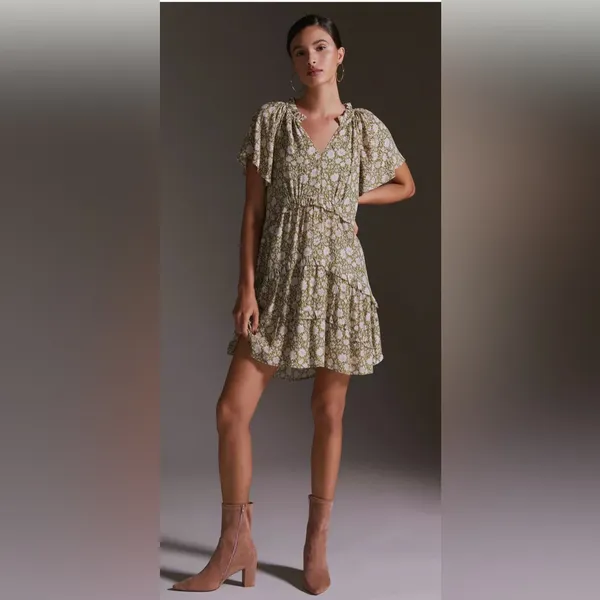 Anthropologie Black Floral Mini Dress with Beige Trim - Image 5