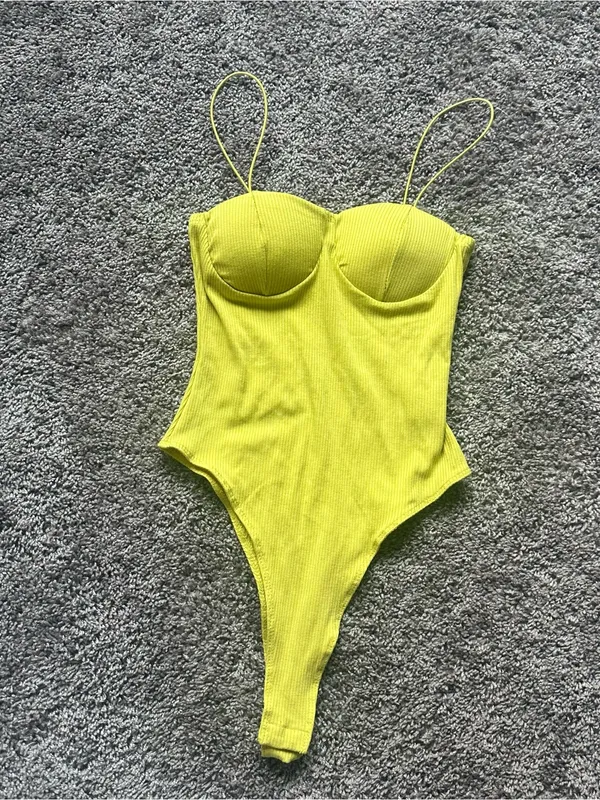 Timing Lime Ribbed Bodysuit with Built-In Cups and Spaghetti Straps - Image 2