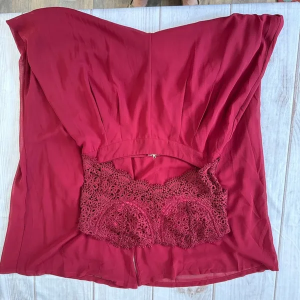 Papaya Burgundy Maroon Jumpsuit Lace Top Bare Midriff Open Back Wide Leg Sheer Overlay - Image 6