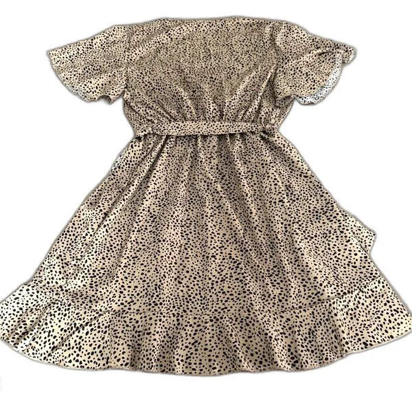 SHEIN Size M Tan Black Spotted Wrap Dress Ruffle Flutter Sleeve Belted Leopard - Image 2