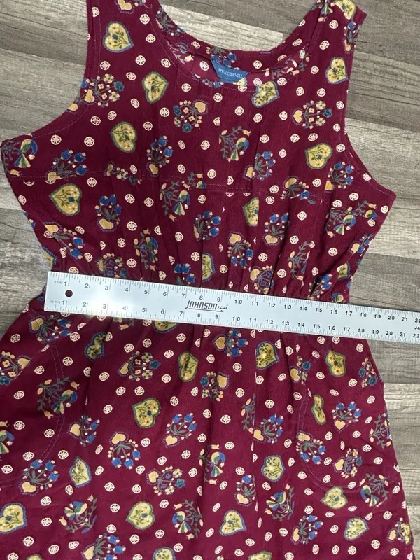 Vintage April Cornell Corduroy Midi Dress XL Burgundy Heart Print Cottagecore - Image 12