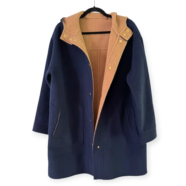 Navy Blue Hooded Fleece Coat Size Medium/Large Overcoat Equestrian Chore Barn - Image 2
