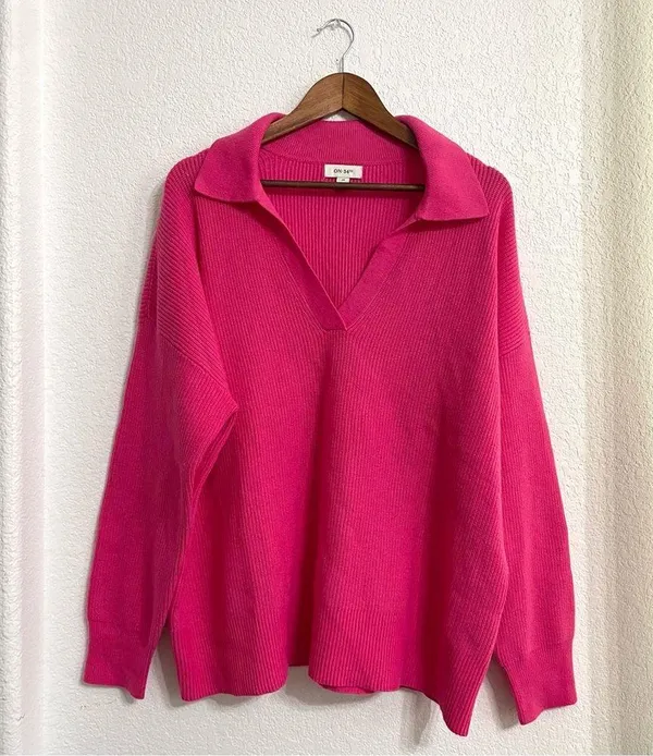 On 34th Womens Sweater Barbie Pink Collared Pullover V Neck Plus Size 2X - Image 2