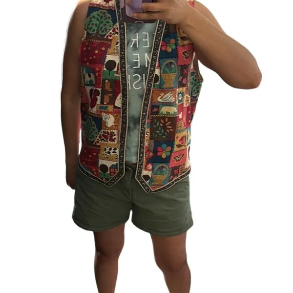 Vintage Paula Elise open front vest 90s patchwork farm novelty print size S/M - Image 6