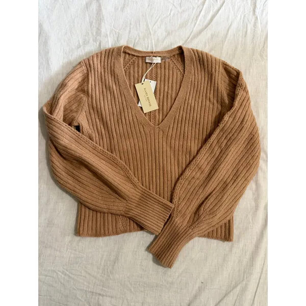 Ramy Brook Sweater NWT Women M Camel Ribbed V-Neck Wool Cashmere Balloon Sleeve - Image 10