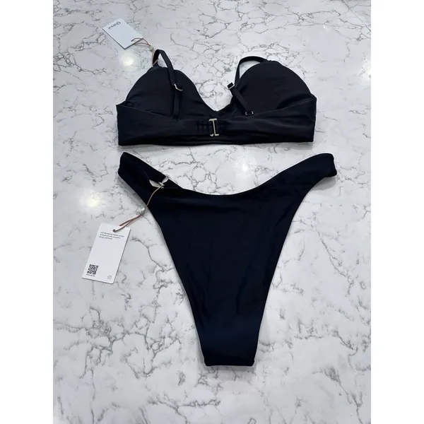 NWT Quince Black Italian V Neck Bikini To o & High Rise Ring Bottom Set Large - Image 2