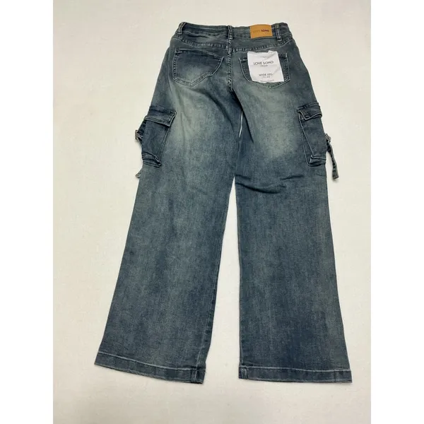 Love Soho Denim Jeans Womens 1 Wide Leg Low Rise Cargo Y2K Blue NWT - Image 2
