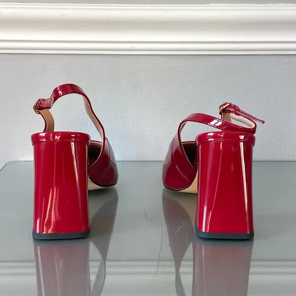 Women’s Red Patent Leather Slingback Block Heel Pumps Pointed Toe Size 8 NEW - Image 4