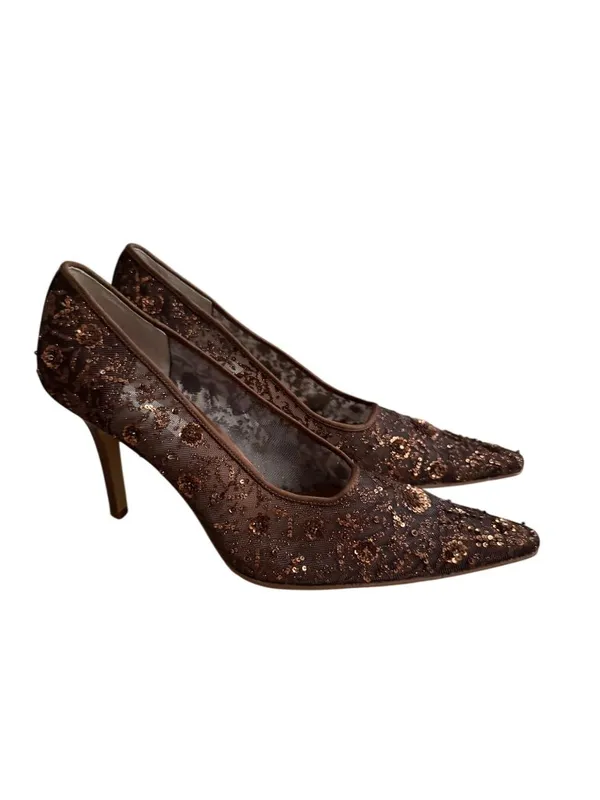 LORD & TAYLOR Brown Embellished Beaded Floral Heels Size 8.5 - Image 6
