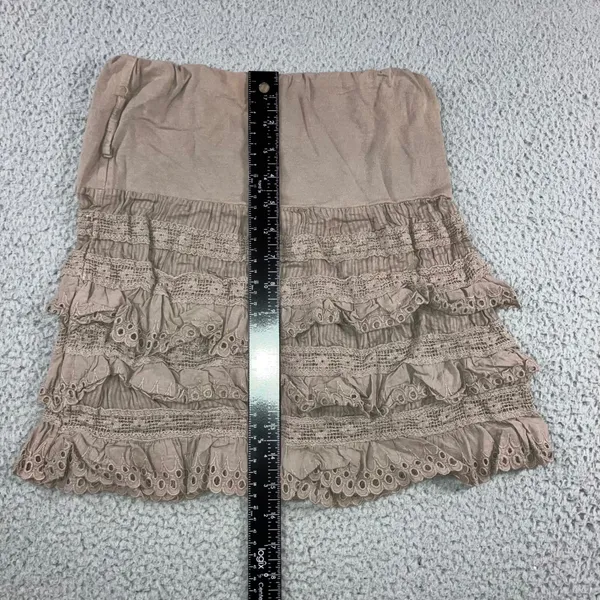 Tiered Ruffle Mini Skirt Women XS Taupe Brown Eyelet Lace Boho Coastal Fairy y2k - Image 8