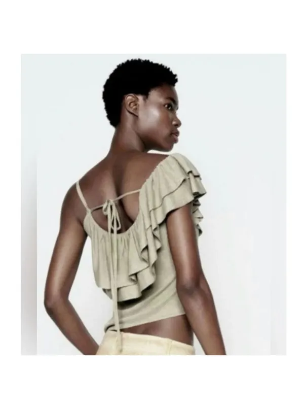 New Zara Ruffle One Shoulder Cream Soft Knit Tie Back Top L - Image 2