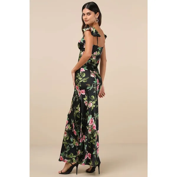 NWT Lulus Captivating Grace Black Floral Satin Ruffled Maxi Dress Cruise Gala S - Image 3