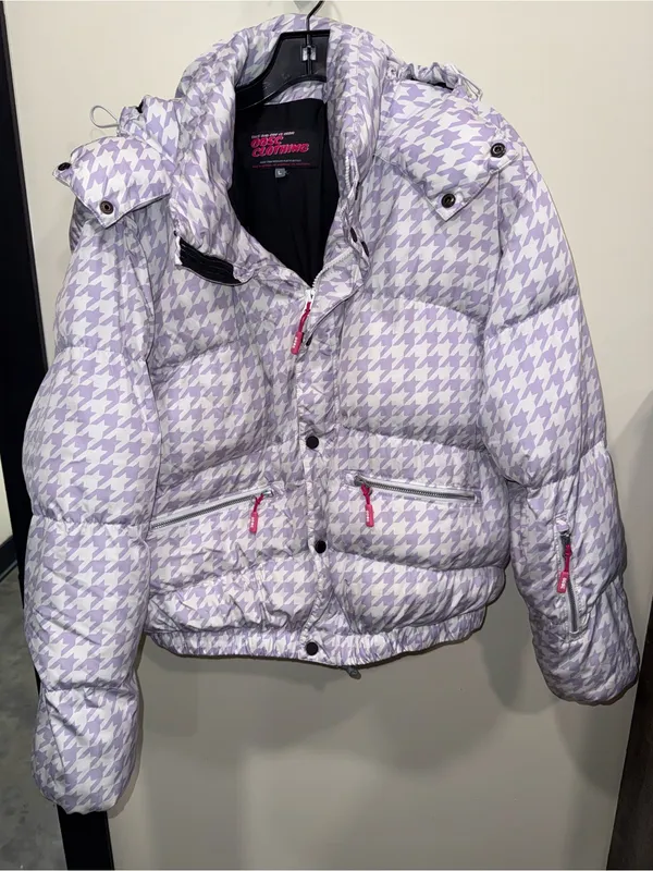 OOSC purple houndstooth chic ski puffer jacket size large‎ - Image 2