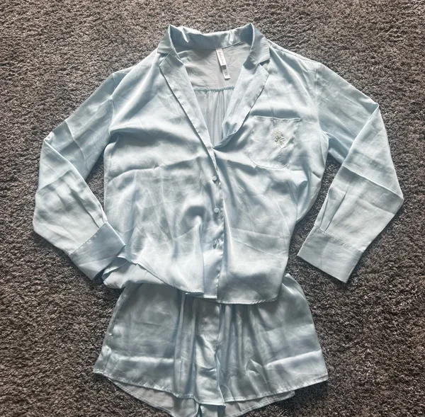 For Love & Lemons Light Blue Satin Pajama- Button-Front Top & Shorts - Image 2