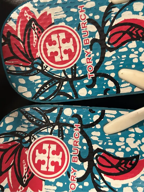 Tory Burch Blue Floral Flip Flop Sandals with Cream Straps large 9-10 - Image 5
