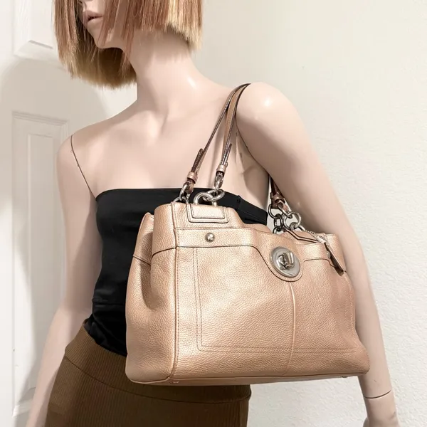 COACH F16531 Penelope Metallic Golden Beige Pebbled Leather Carryall Satchel Bag - Image 4