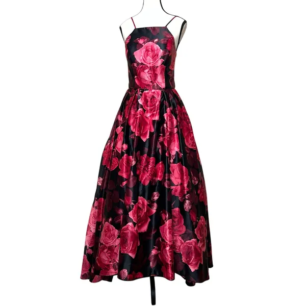 Betsy & Adam Floral Rose Satin Gown Black Red Lace Up A-Line Prom Formal Size 8 - Image 3