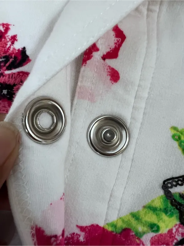 Floral sequin Button-Up Jacket White Pink & Green Flowers pockets L Stained - Image 7
