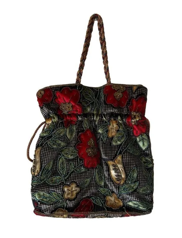 Floral Beaded women's handbag with drawstring and snap closure Brown - Image 2