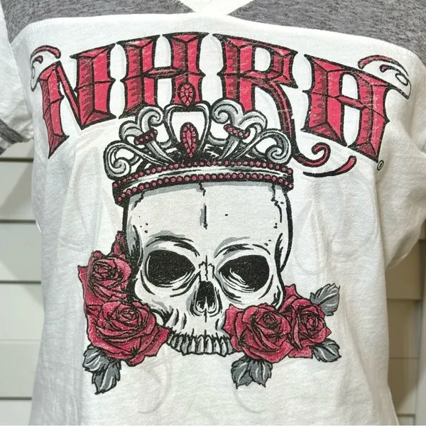 NHRA Racing Womens Graphic Tee L Skull Roses Crown‎ Gray White V Neck DistRICT - Image 3