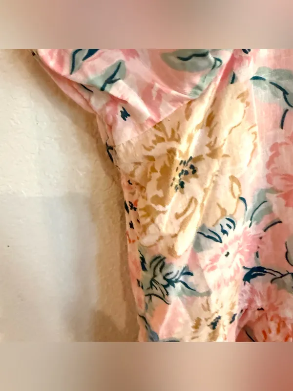 Loft Womens Shirt Blouse Pink Floral Short Sleeve Lace Detail Size XL - Image 6