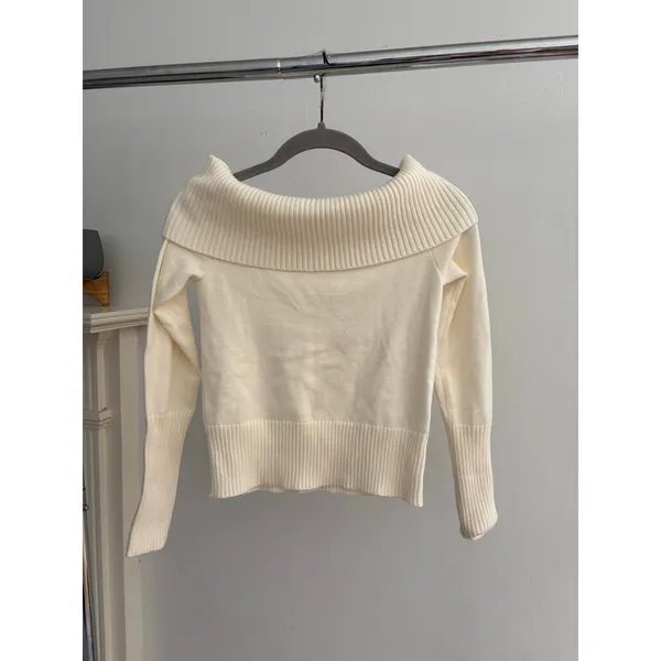 Women’s Ivory Off Shoulder Sweater Ribbed Foldover Cowl Neck Knit Pullover - Image 3