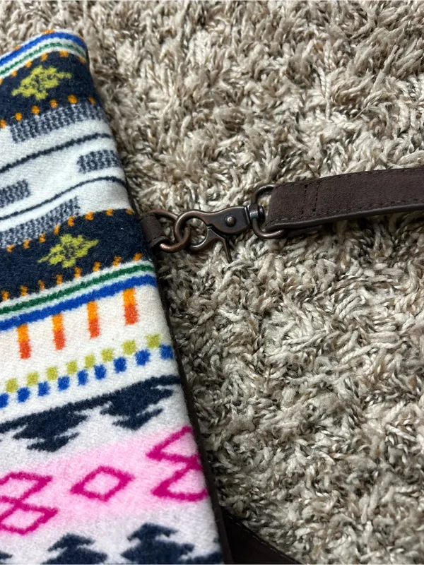 Pendleton Brown Suede Messenger Tote with Multicolor Patterned Pocket and back - Image 9