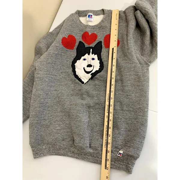 Vintage Russell Athletic Womens Small Sweatshirt Husky Dog‎ Gray 90s USA Hearts - Image 12