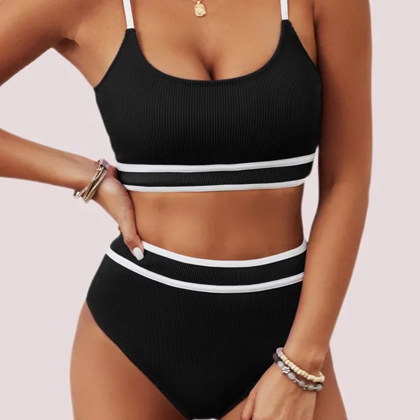 NWOT Black &‎ White Ribbed Colorblock High Waisted Bikini Set - Small - Image 2