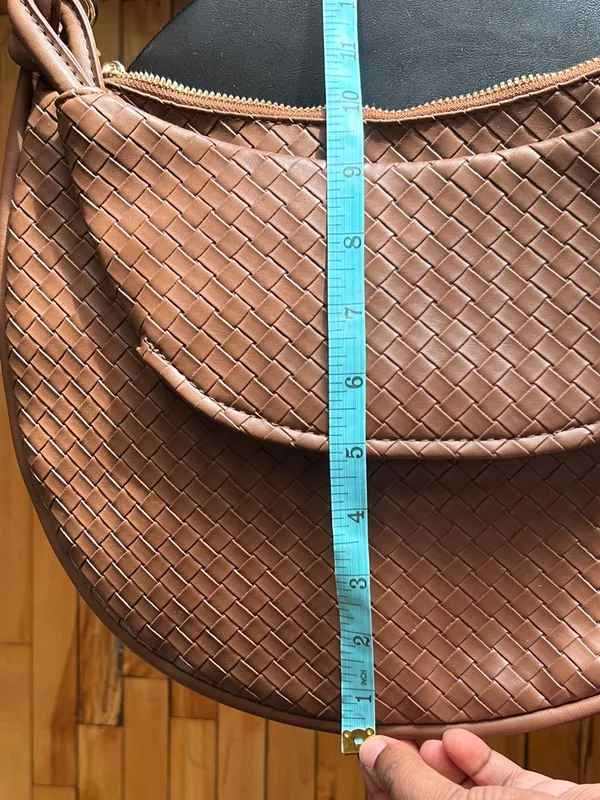 Crescent Woven Dark Espresso Shoulder Handbag Purse Satchel Medium Knotted Strap - Image 7