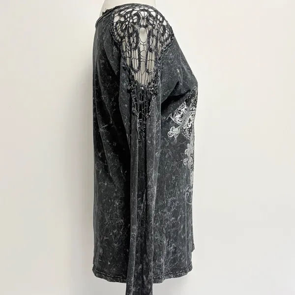 Maurices Silver Top Large Black Mineral Wash Crochet Lace Scroll Rhinestone L - Image 4