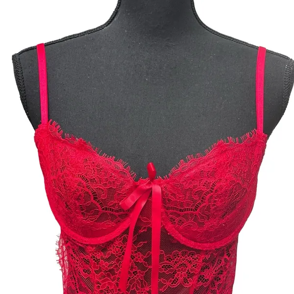 Victoria's Secret Sheer Lace Unlined Babydoll Top Bra Size Large Floral Red Sexy - Image 2