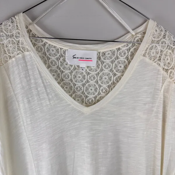 Two by Vince Camuto Tribal Beat Lace Inset Shark Bite‎ Hem Shirt Top Chalk Sz XL - Image 4