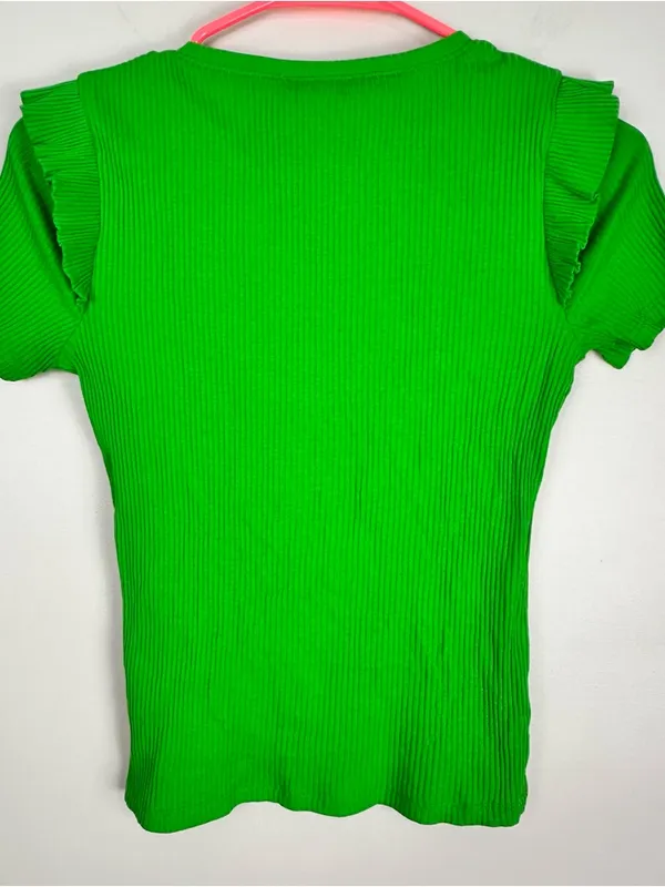 Zara Bright Green Ribbed Short Sleeve Top with Ruffle Sleeves Small NWT - Image 4