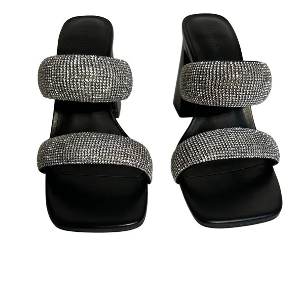 Open Edit Womens Black Rhinestone Double Strap‎ Block Heel Slide Sandals 8.5M - Image 10