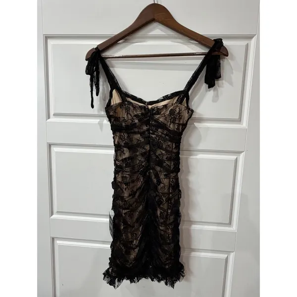 Lulus Black Lace Ruched‎ Bodycon Mini Dress Tie Straps XS Coquette Goth Y2K - Image 6