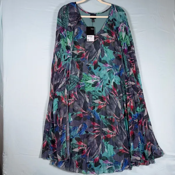 Ulla Popken Size-20/22-Tropical Cape Floral Pleated Chiffon Dress‎ Teal - Image 6