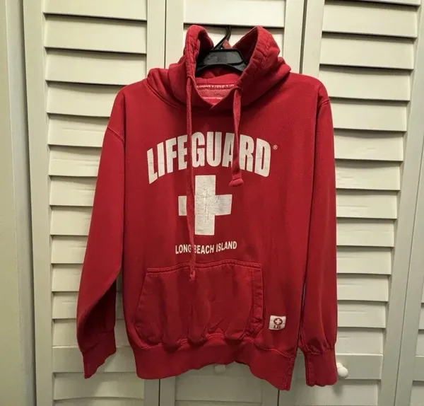 Lifeguard Hoodie Red Sweatshirt Small Coastal Long Island Beach Y2K Surfer - Image 5