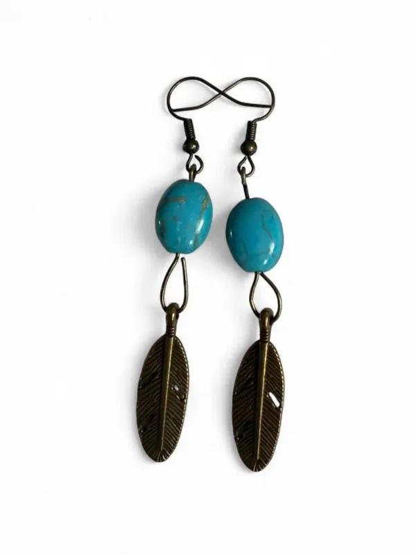 Handmade Turquoise Oval Bead Feather Earrings Western Boho - Image 3