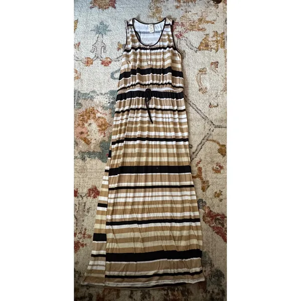 Faded Glory Womens XXL Striped Maxi Dress Henley Racerback Tan Black White - Image 2