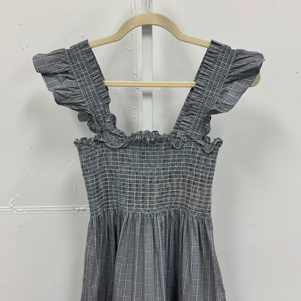 Hill House Ellie‎ Nap Dress XS Grey Blue Plaid Smocked Ruffle Midi Dress Picnic - Image 3